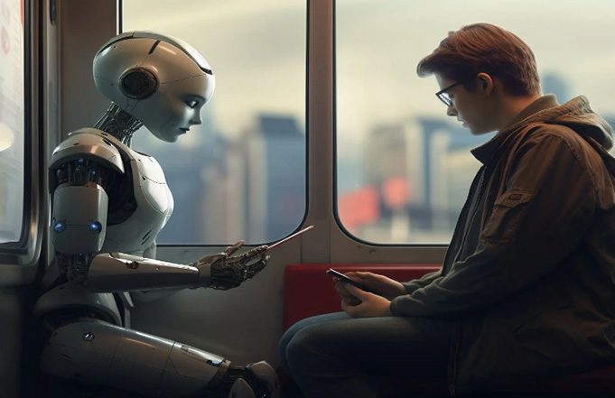 AI Robot and Human texting on a train.