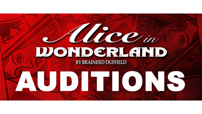 Alice in Wonderland auditions by Brainerd Duffield, displayed in bold white lettering over a red illustrated background.