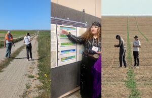 Students conducting field work for the Applied Environmental Geophysics class (left and right). Dakota Willis presents their poster at the Montana Section of the American Water Resources Association annual meeting (center).