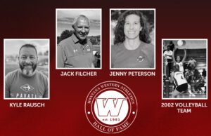 2025 UMW Athletic Hall of Fame Inductees: Kyle Rausch, Jack Filcher, Jenny Peterson, and 2002 Montana Western Volleyball Team.