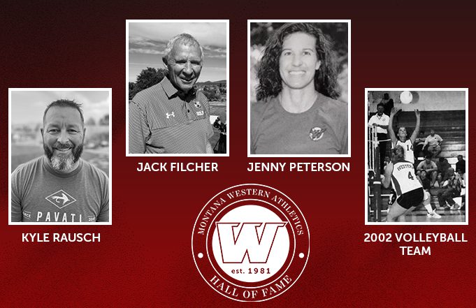 2025 UMW Athletic Hall of Fame Inductees: Kyle Rausch, Jack Filcher, Jenny Peterson, and 2002 Montana Western Volleyball Team.