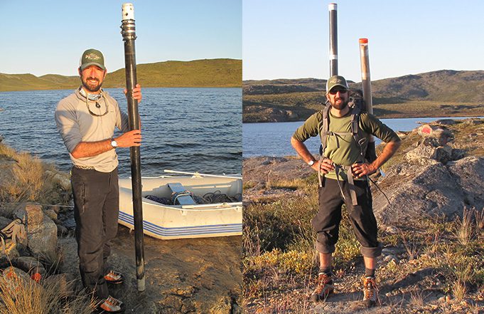 (Left) Dr. Schoenemann with a Full-length sediment core, showing the glacial clay at the bottom from about 10,000 years ago. (Right) Packing coring equipment three miles back to vehicles. 
