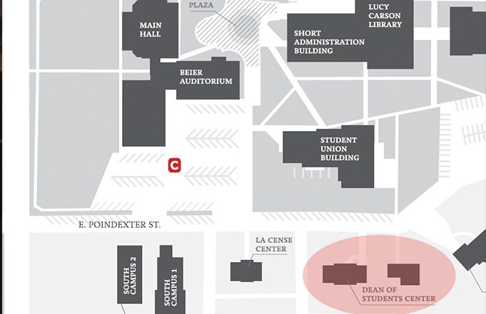 Map showing the location of the Dan of Students Center located on 528 Poindexter Street.