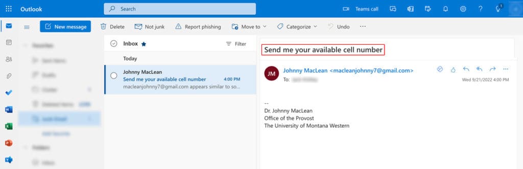 Screenshot of a phishing email. The email subject says, "Send me your available cell number".