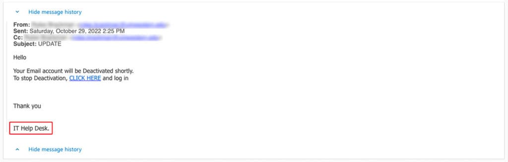 Screenshot of a phishing email. The email is signed "IT Help Desk"
